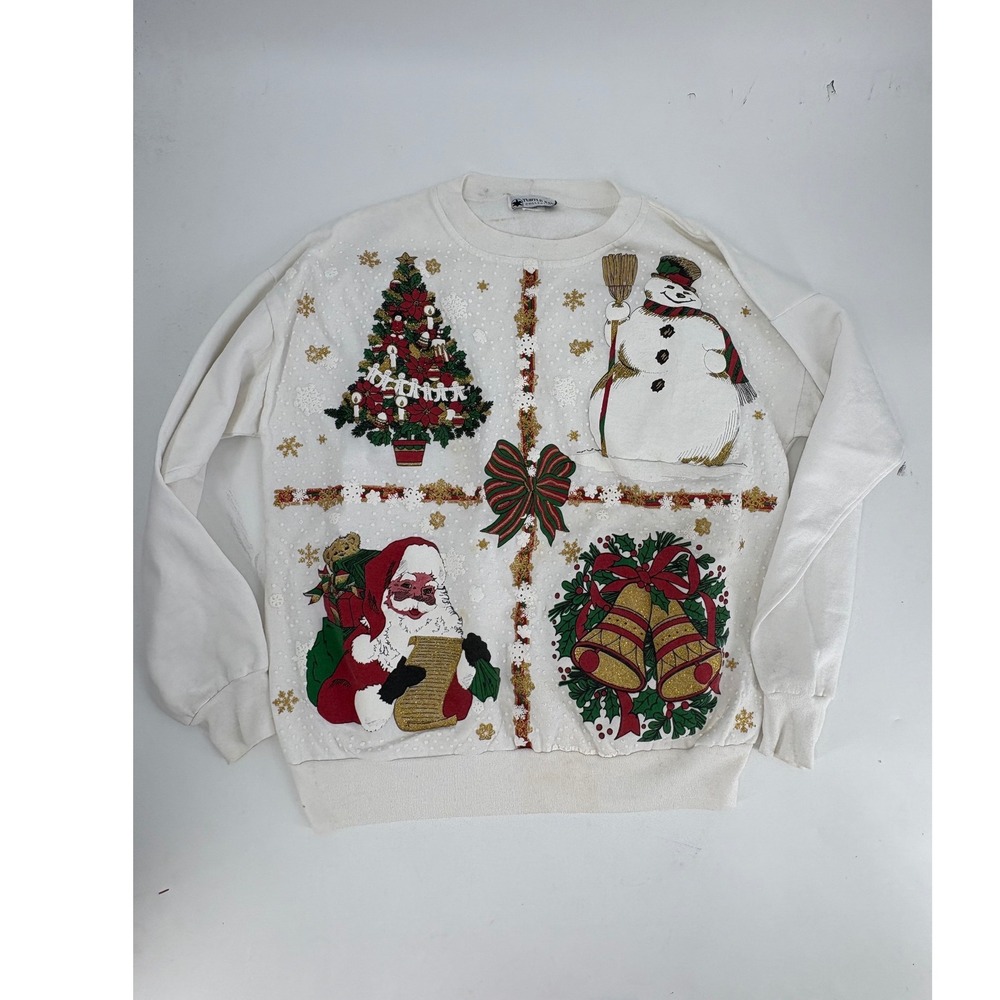 Vintage Turtle Bay Collection Christmas Sweatshirt XL White Santa Snowman 90s